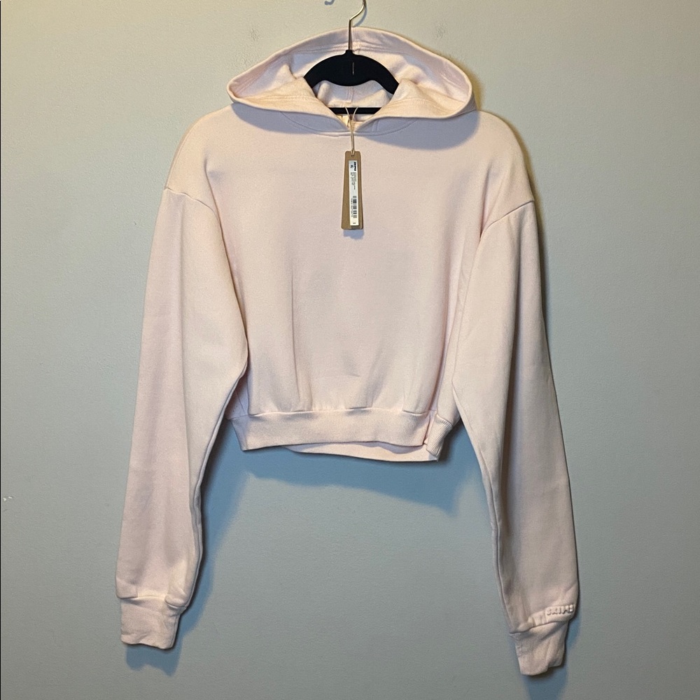 Skims Shrunken Hoodie NWT Small Barely Pink Cropped Cotton Fleece Pullover - Picture 3 of 13